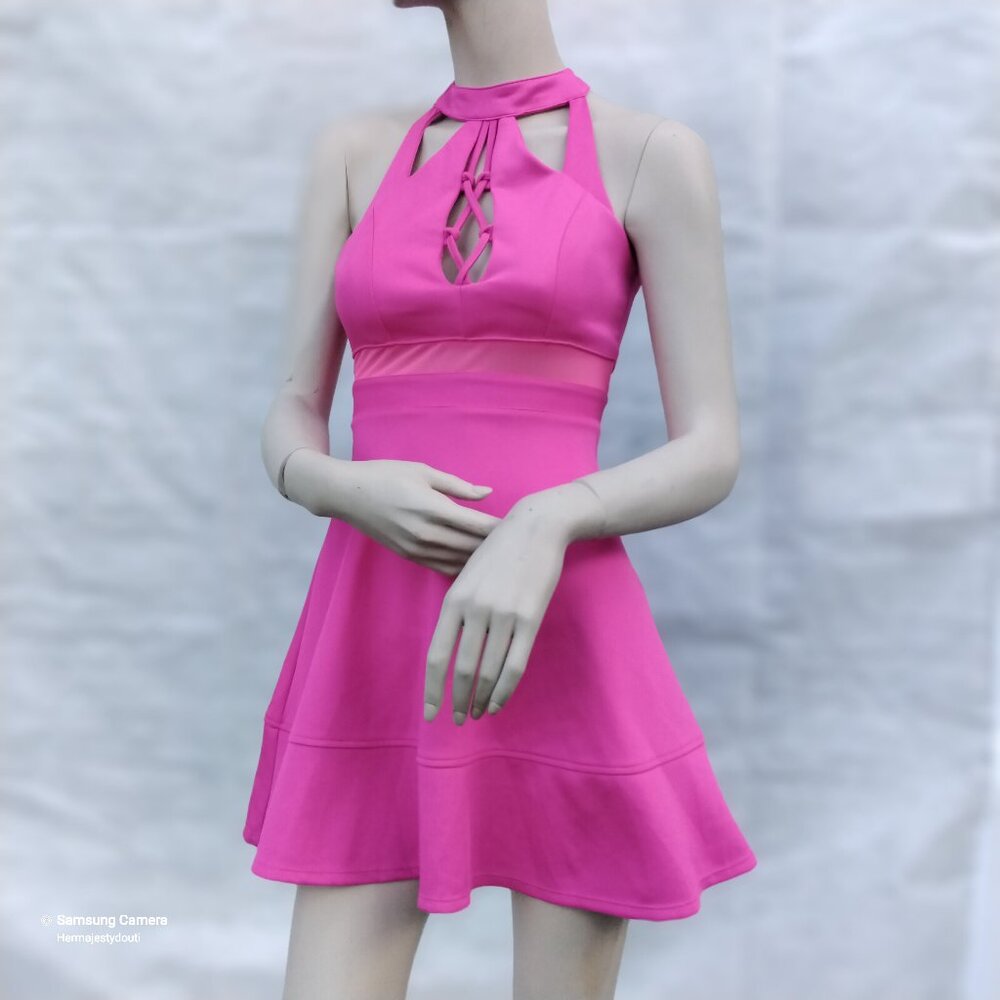 Emerald Sunday Hot Pink Cut-out & Mesh Midriff Fit & Flare Skater Dress GUC Sm.